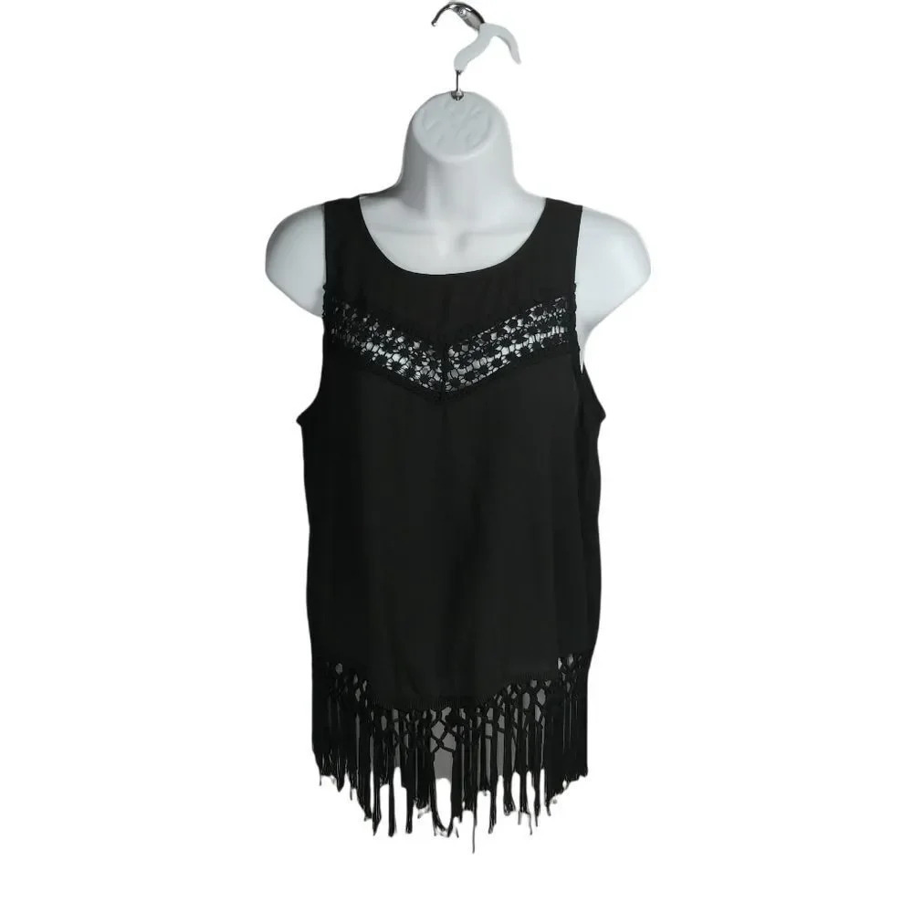 Monteau Swing Back Closure Fringe Semi-Sheer Crocheted Lace Black Top  Blouse S